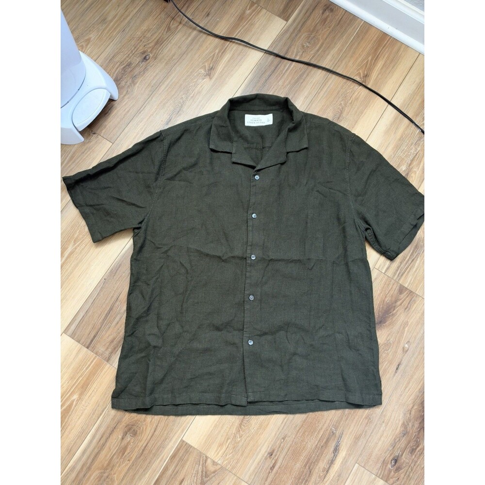 Abercrombie Fitch Mens Large Olive Green Summer Linen Blend Shirt Short Sleeve L